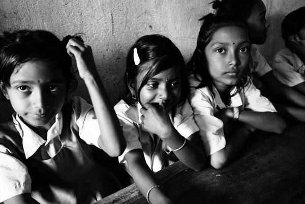 Black-and-white creative art photograph of rural Indian school children — documentary photography by byag.studio