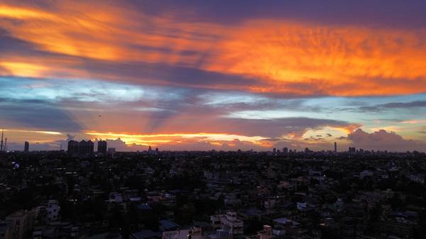 Aerial drone photography — West Lafayette cityscape at sunset, Purdue University Indiana